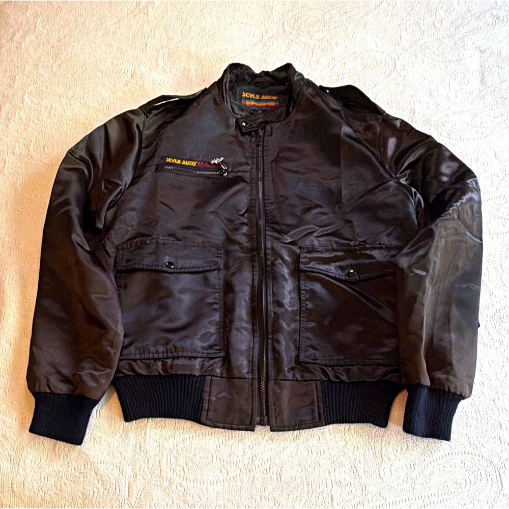 Vintage Style Auto Competition Men M Black Bomber Jacket Satin Zip Stand Collar